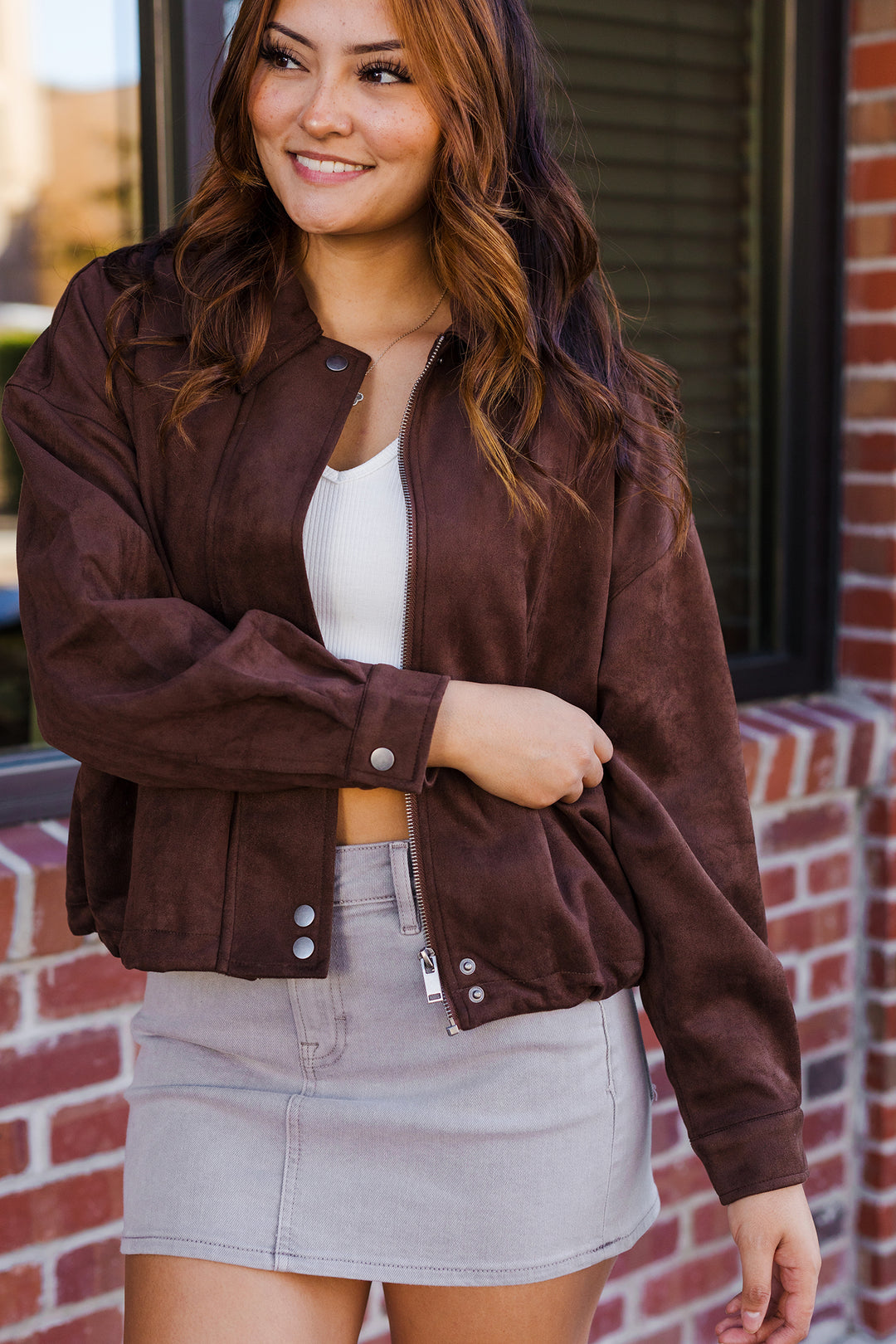 The Brie Chocolate Suede Collared Jacket