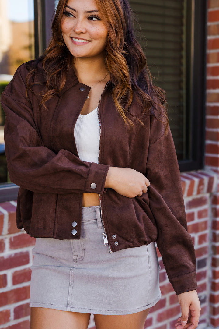The Brie Chocolate Suede Collared Jacket