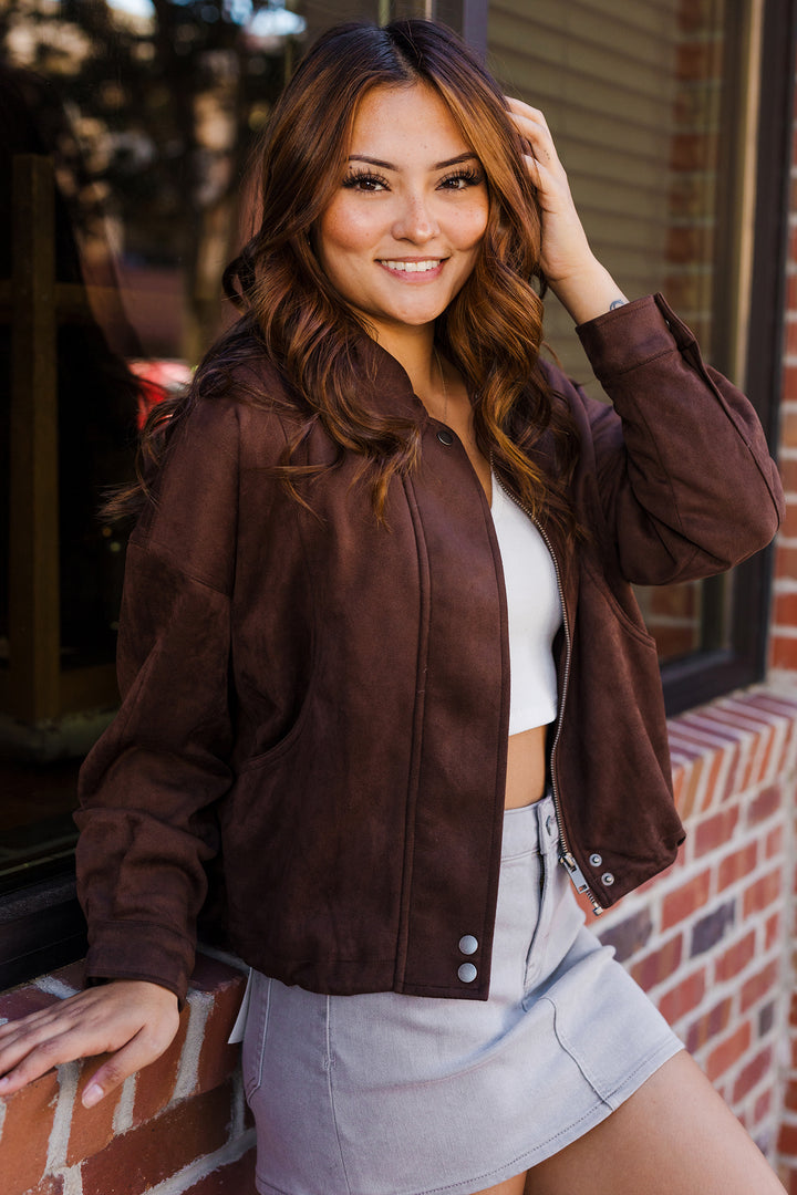 The Brie Chocolate Suede Collared Jacket