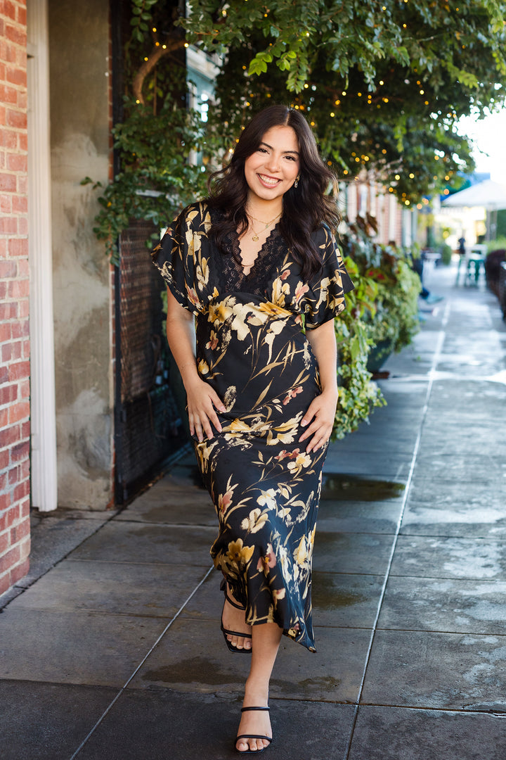 The Mayson Black Floral Satin Maxi Dress