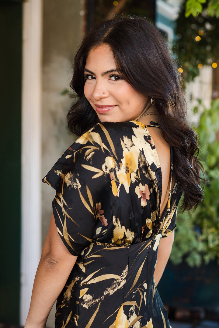 The Mayson Black Floral Satin Maxi Dress