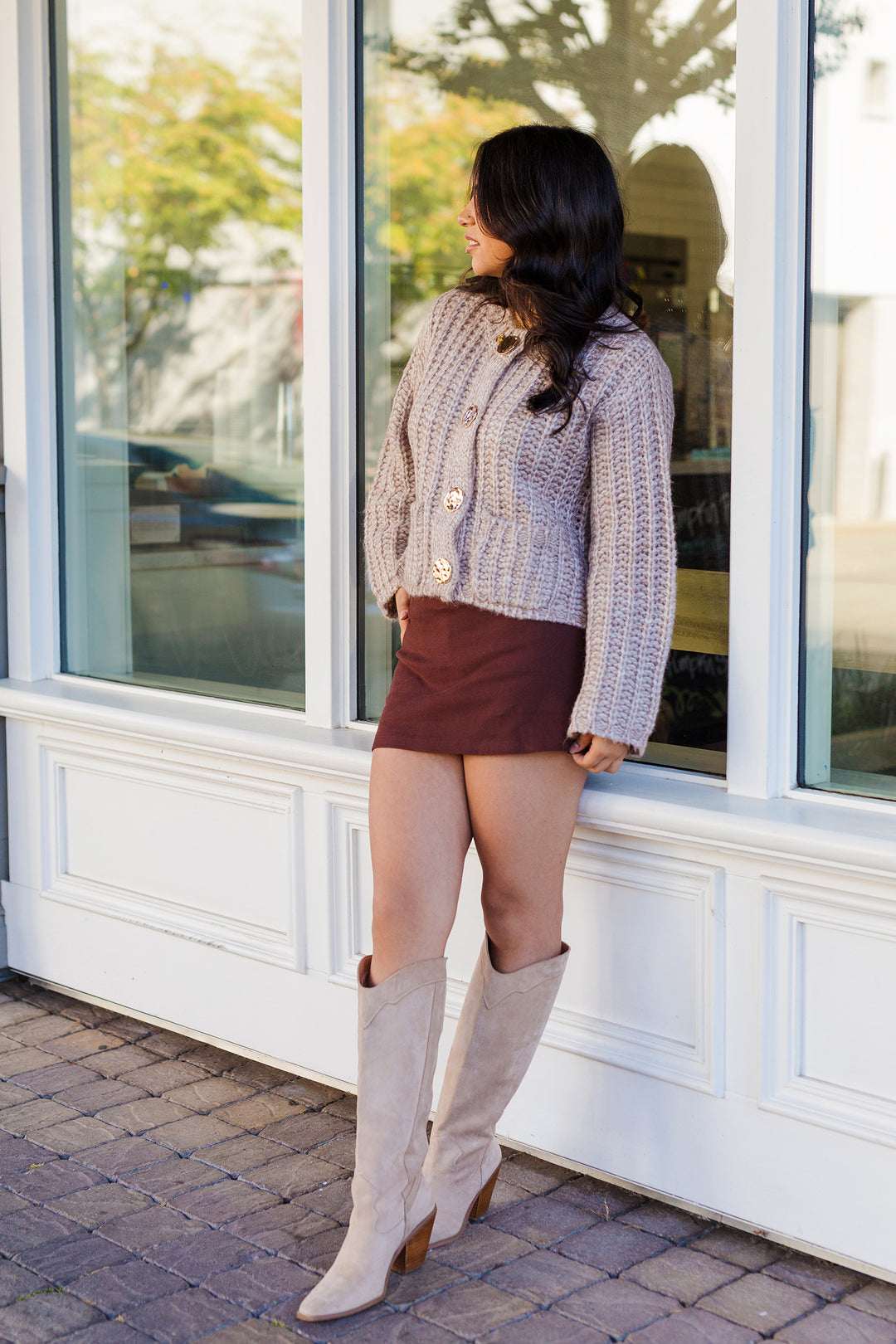 The Fall Aesthetic Taupe Chunky Knit Gold Button Cardigan