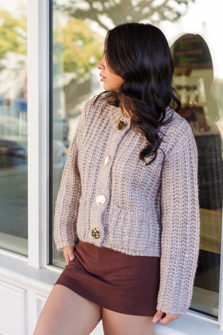The Fall Aesthetic Taupe Chunky Knit Gold Button Cardigan