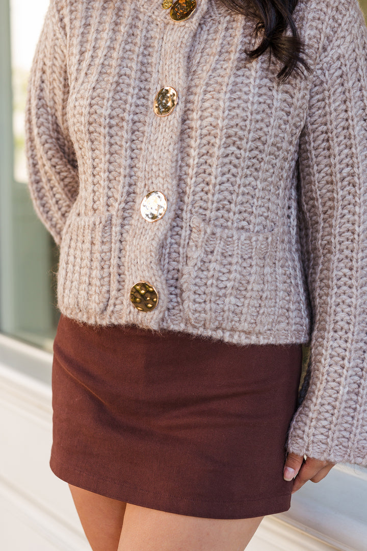 The Fall Aesthetic Taupe Chunky Knit Gold Button Cardigan