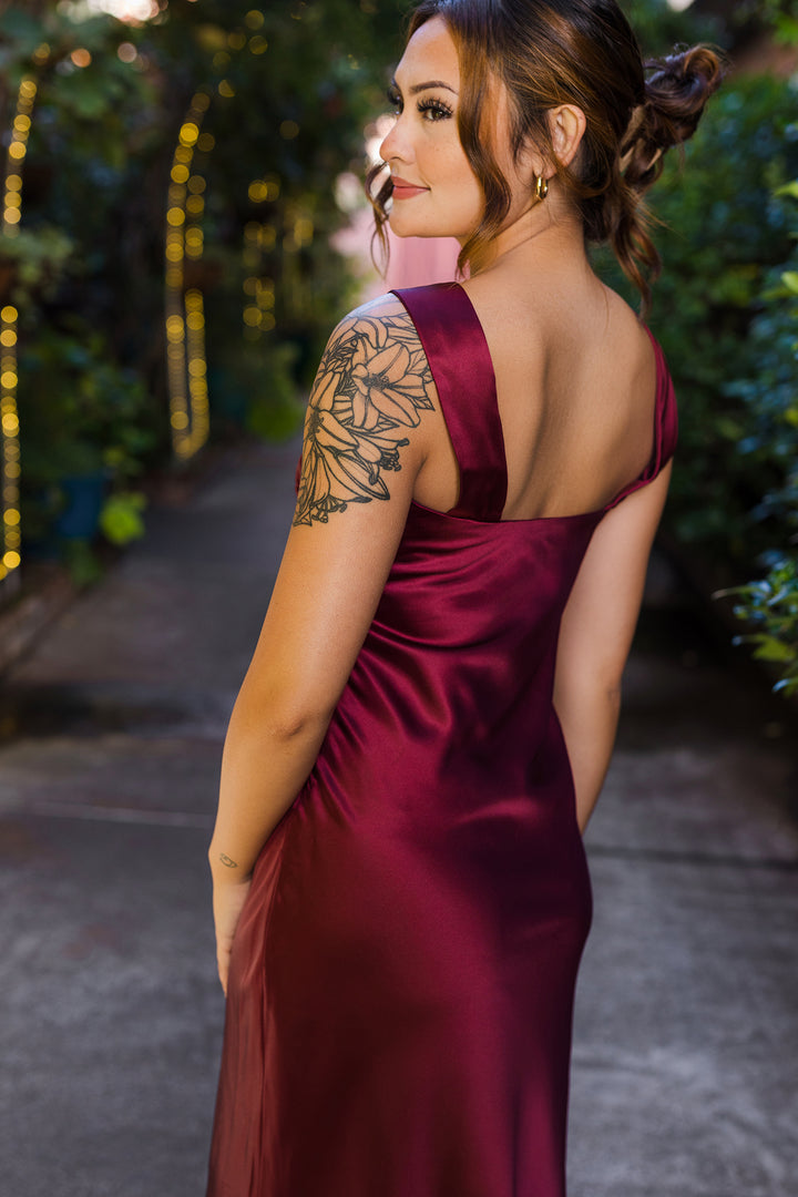 The She Is The Moment Burgundy Satin Midi Dress