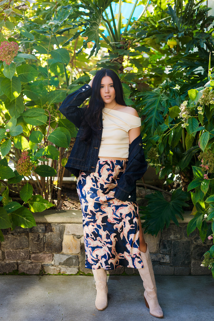 The Wild Horses Navy Satin Printed Maxi Skirt