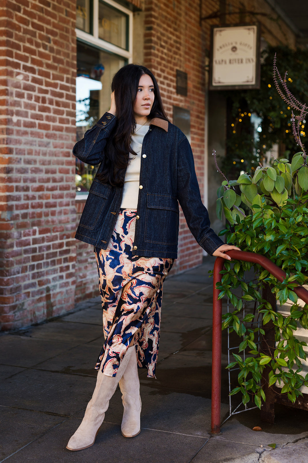 The Wild Horses Navy Satin Printed Maxi Skirt