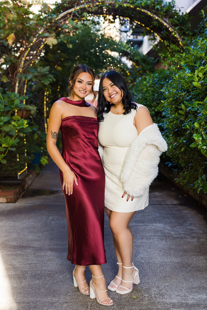 The She Is The Moment Burgundy Satin Midi Dress