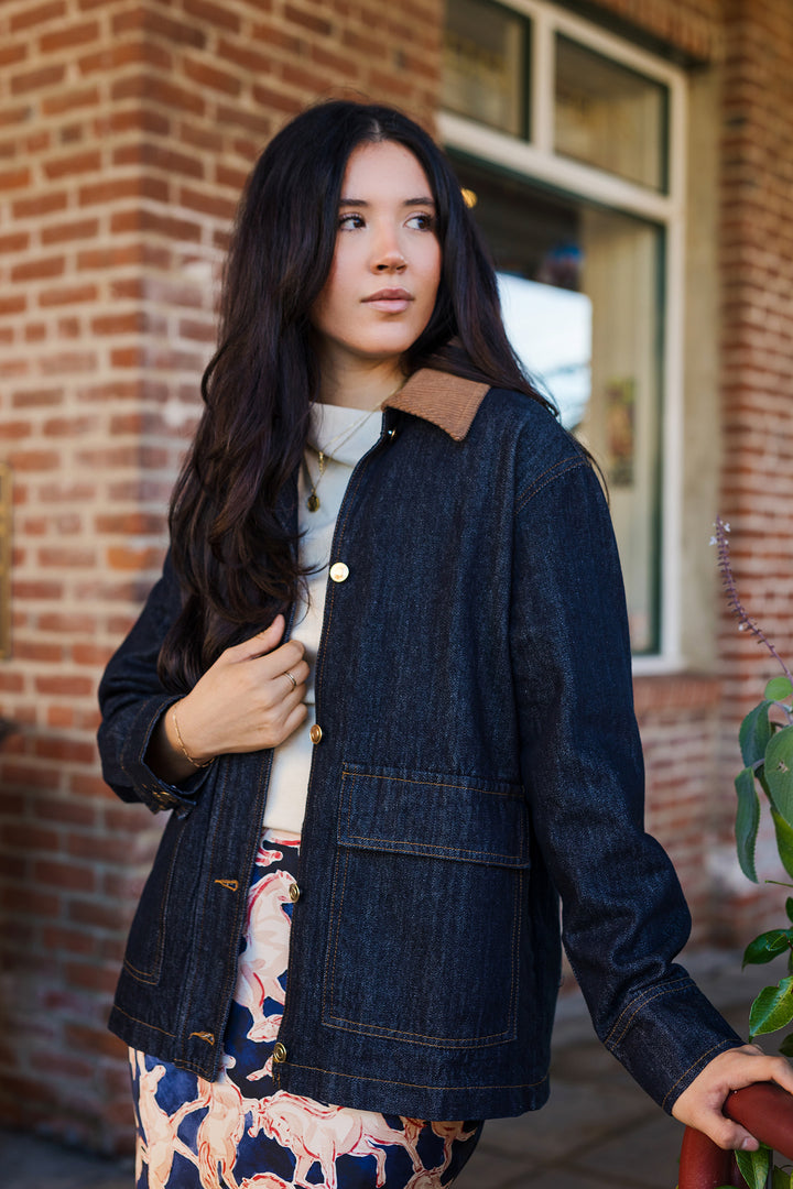The Almost Famous Dark Wash Corduroy Collar Barn Jacket