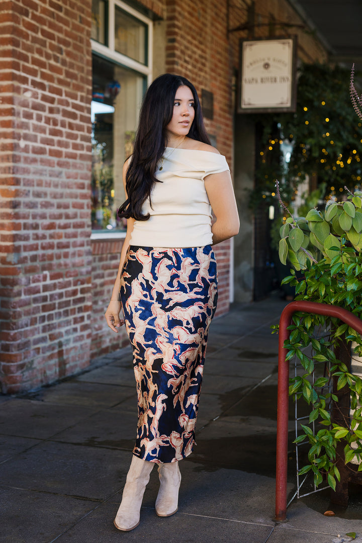 The Wild Horses Navy Satin Printed Maxi Skirt