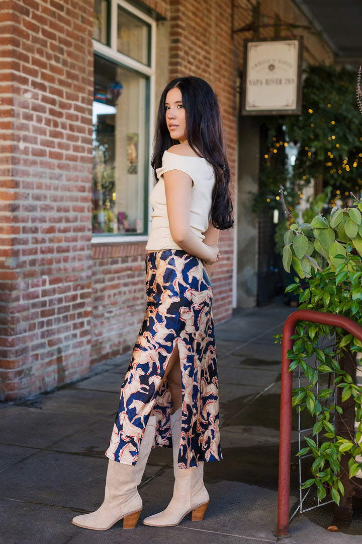 The Wild Horses Navy Satin Printed Maxi Skirt