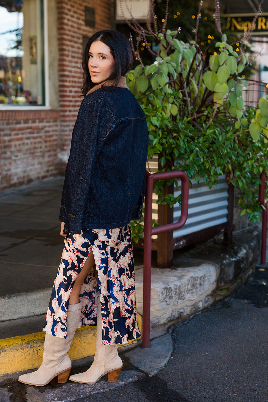 The Wild Horses Navy Satin Printed Maxi Skirt