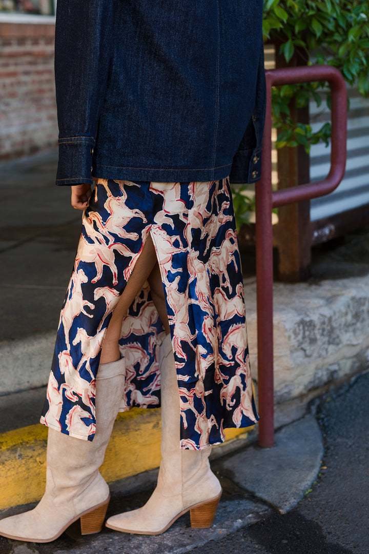 The Wild Horses Navy Satin Printed Maxi Skirt