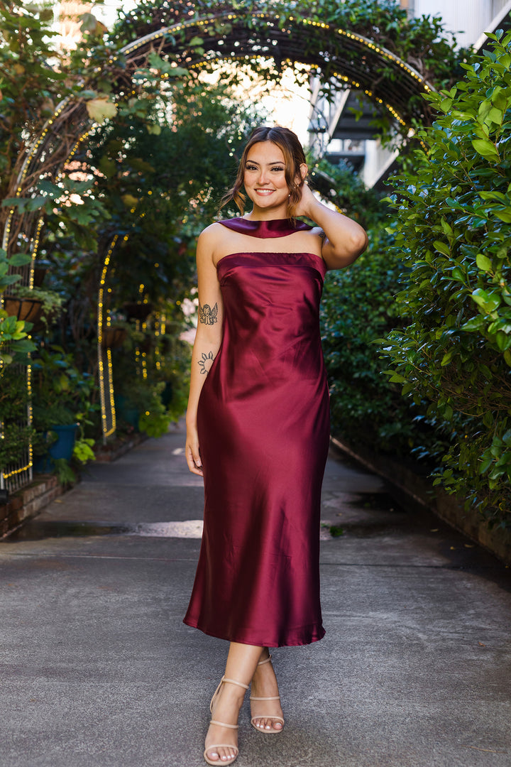 The She Is The Moment Burgundy Satin Midi Dress
