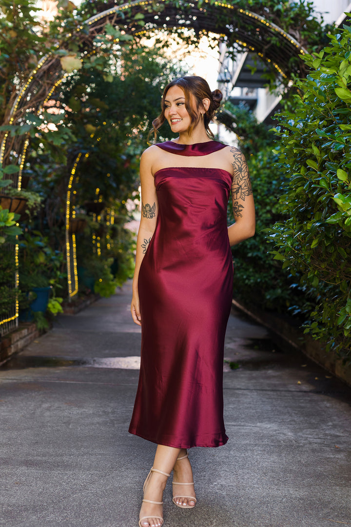 The She Is The Moment Burgundy Satin Midi Dress