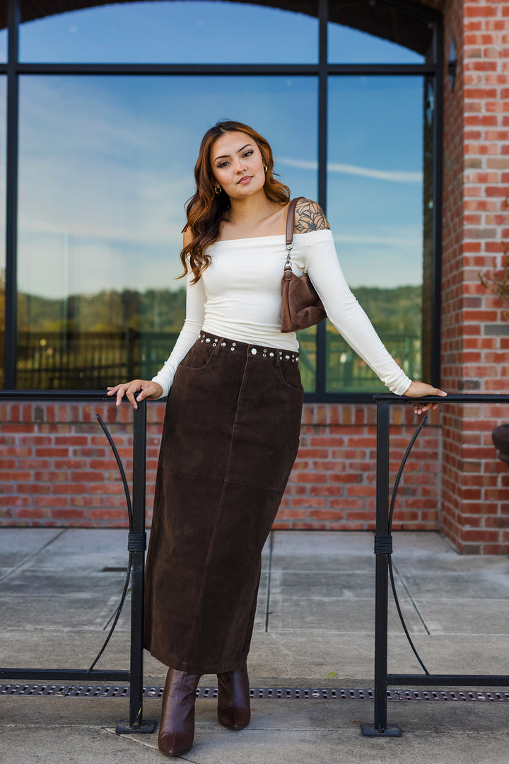 The Tell Me About It Stud Suede Midi Skirt