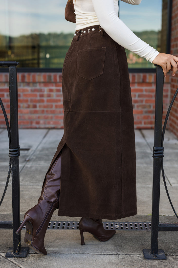 The Tell Me About It Stud Suede Midi Skirt