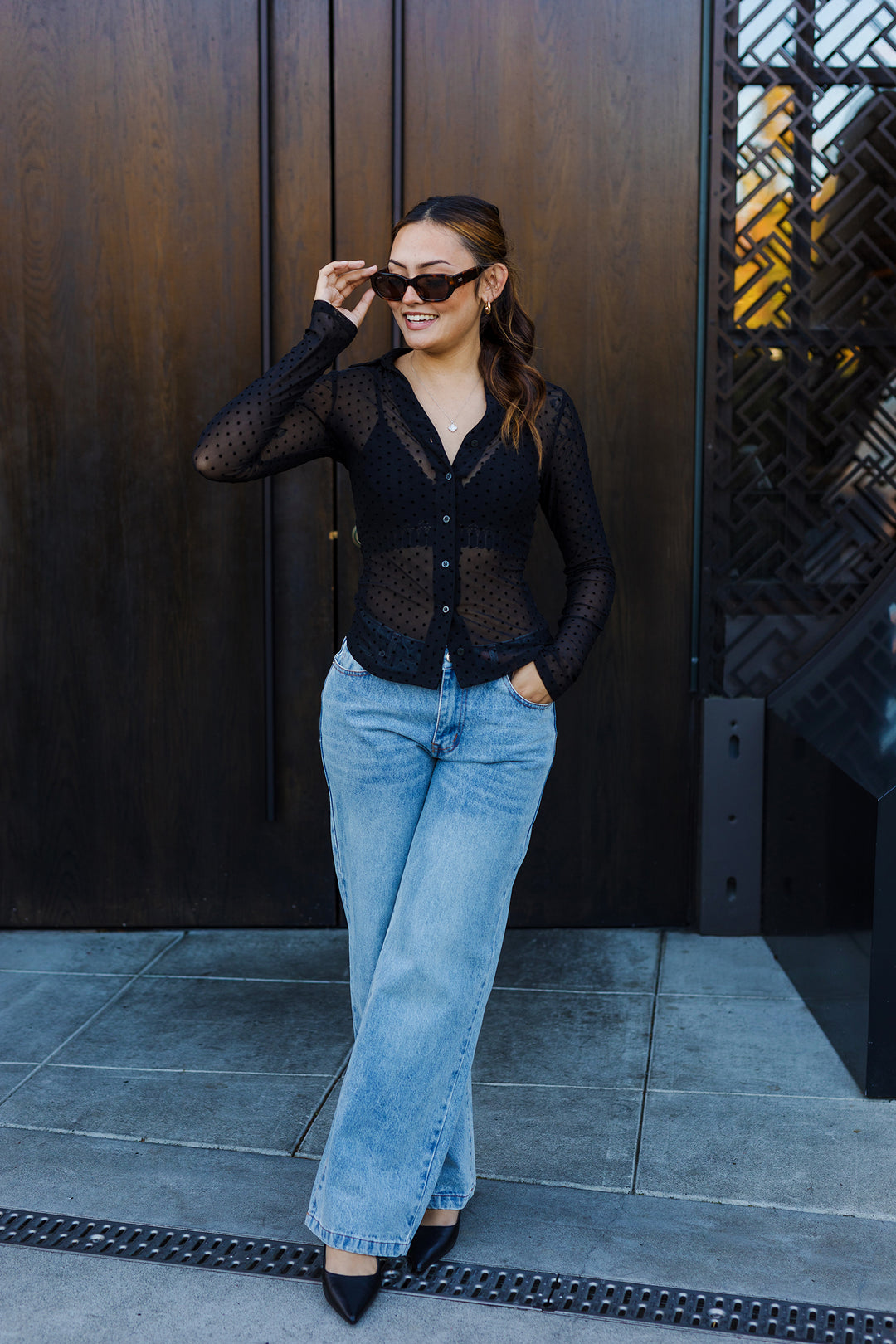 The Midnight Dot Mesh Long Sleeve Top