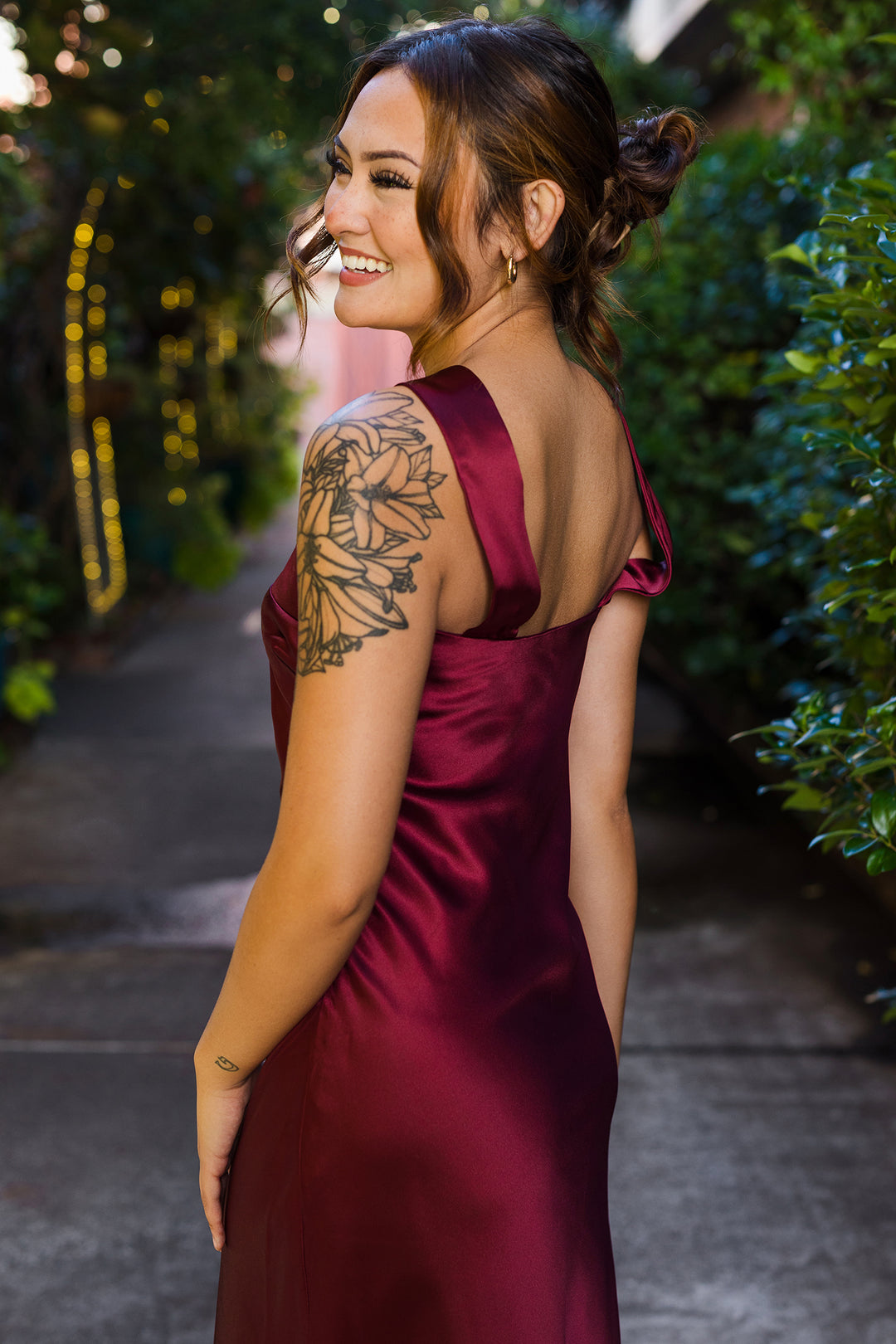 The She Is The Moment Burgundy Satin Midi Dress