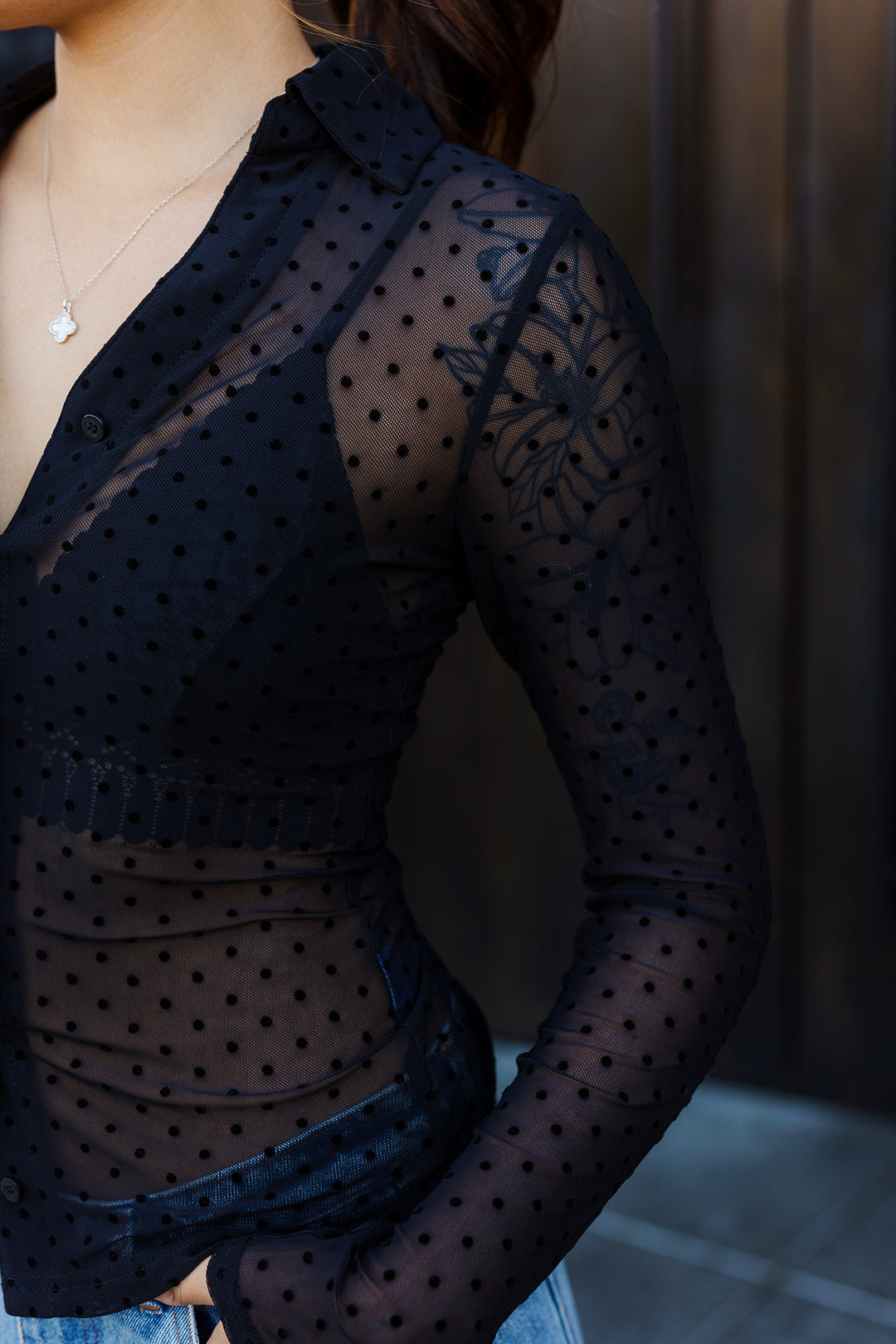 The Midnight Dot Mesh Long Sleeve Top