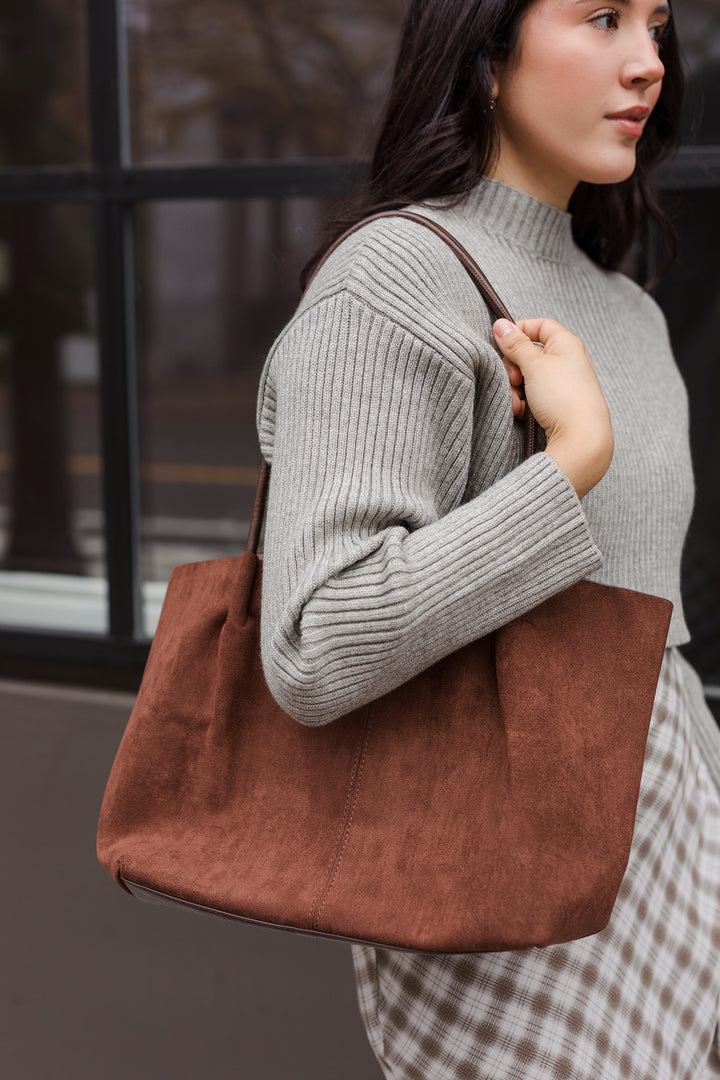 The Jolie Chocolate Suede-Like Leather Tote W/Cosmetic Pouch