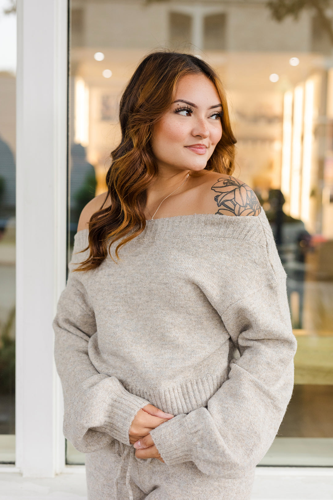 The Drop Off One Shoulder Knit Crop Sweater And Pants Set