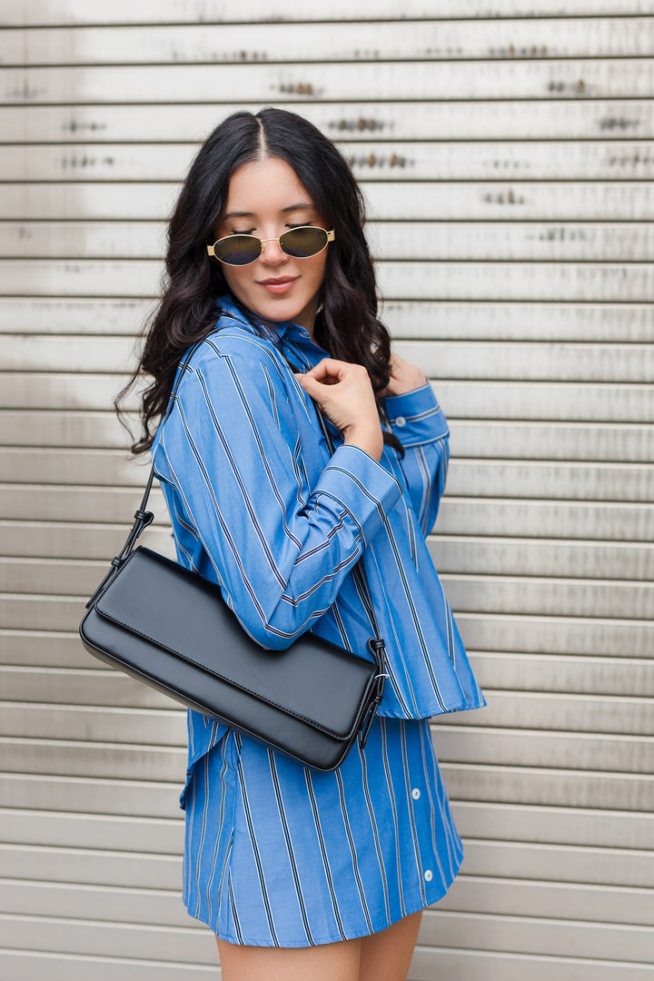 The Grove Striped Collared Button Down Shirt & Mini Skirt Set