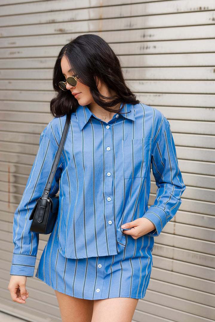 The Grove Striped Collared Button Down Shirt & Mini Skirt Set