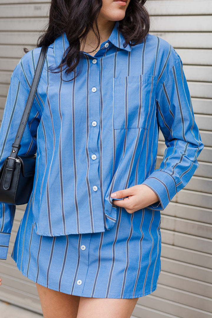 The Grove Striped Collared Button Down Shirt & Mini Skirt Set