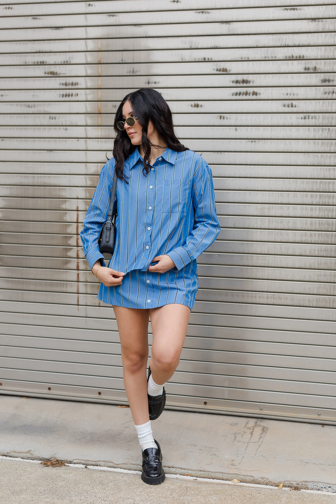 The Grove Striped Collared Button Down Shirt & Mini Skirt Set