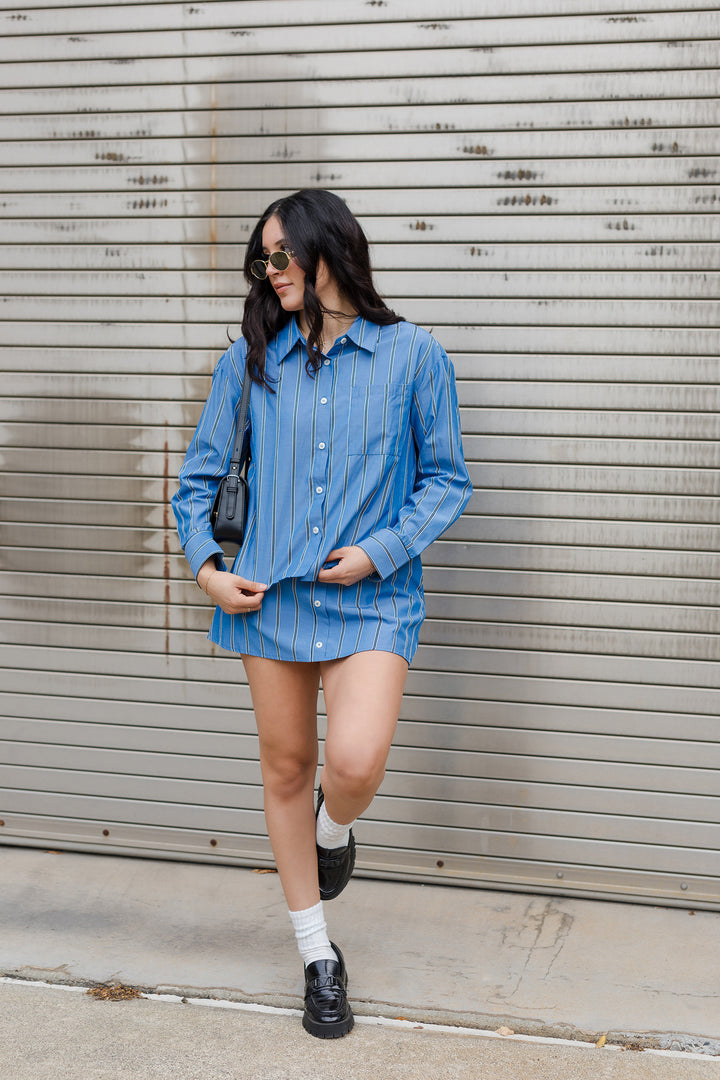 The Grove Striped Collared Button Down Shirt & Mini Skirt Set