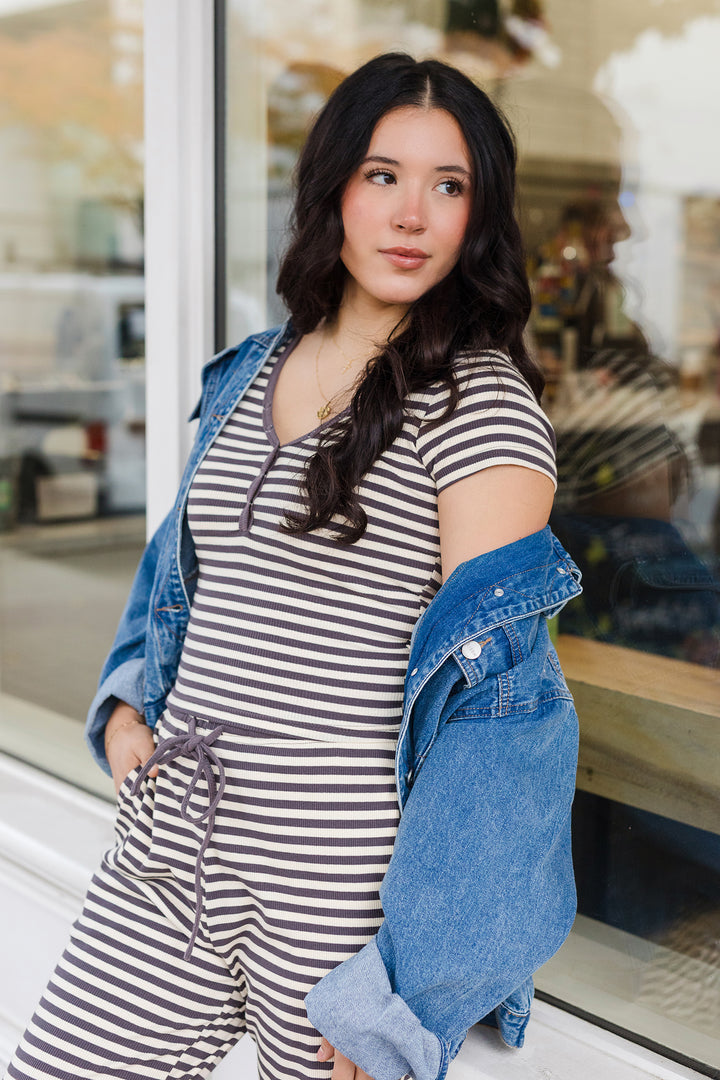 The Staying Home Striped Snap Button Tee