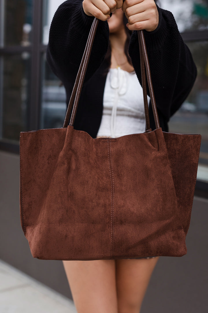 The Jolie Chocolate Suede-Like Leather Tote W/Cosmetic Pouch
