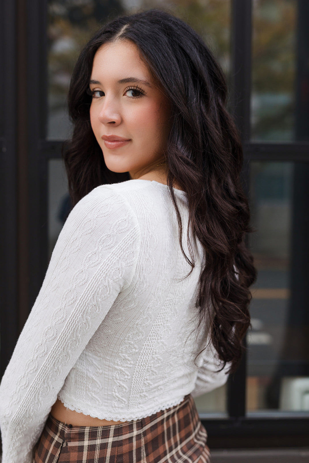 The Falling into Lace Cropped Long Sleeve Top