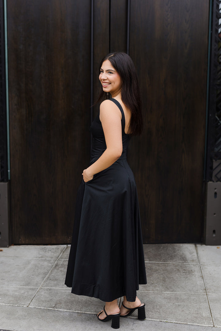 The Simply Stated Black Flare Midi Dress