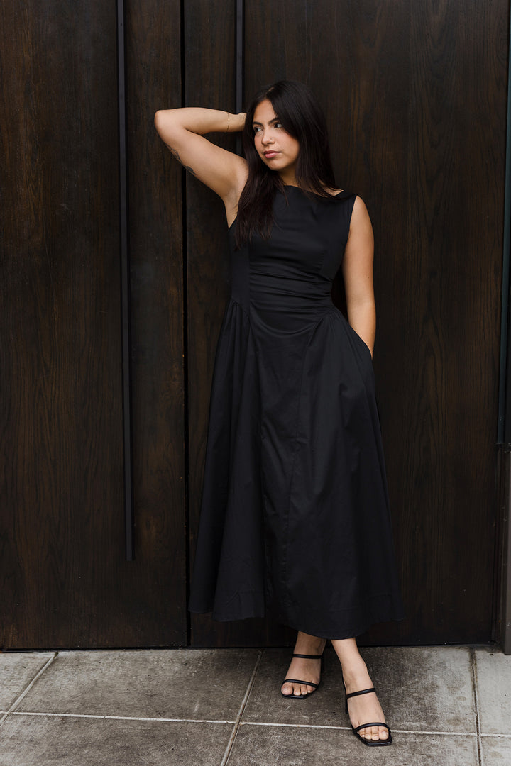 The Simply Stated Black Flare Midi Dress
