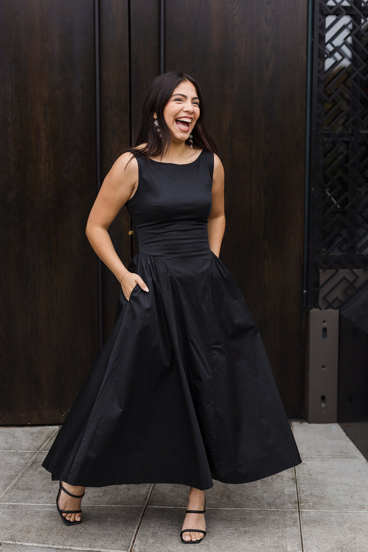 The Simply Stated Black Flare Midi Dress