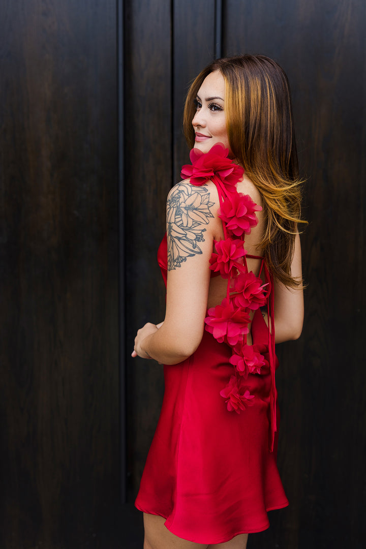 The All Eyes On You Red Floral Satin Mini Dress