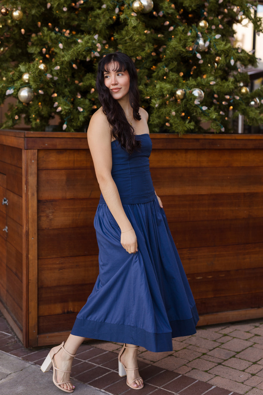 strapless drop waist midi dress The First In Class Strapless Drop Waist Midi Dress Medium / Navy