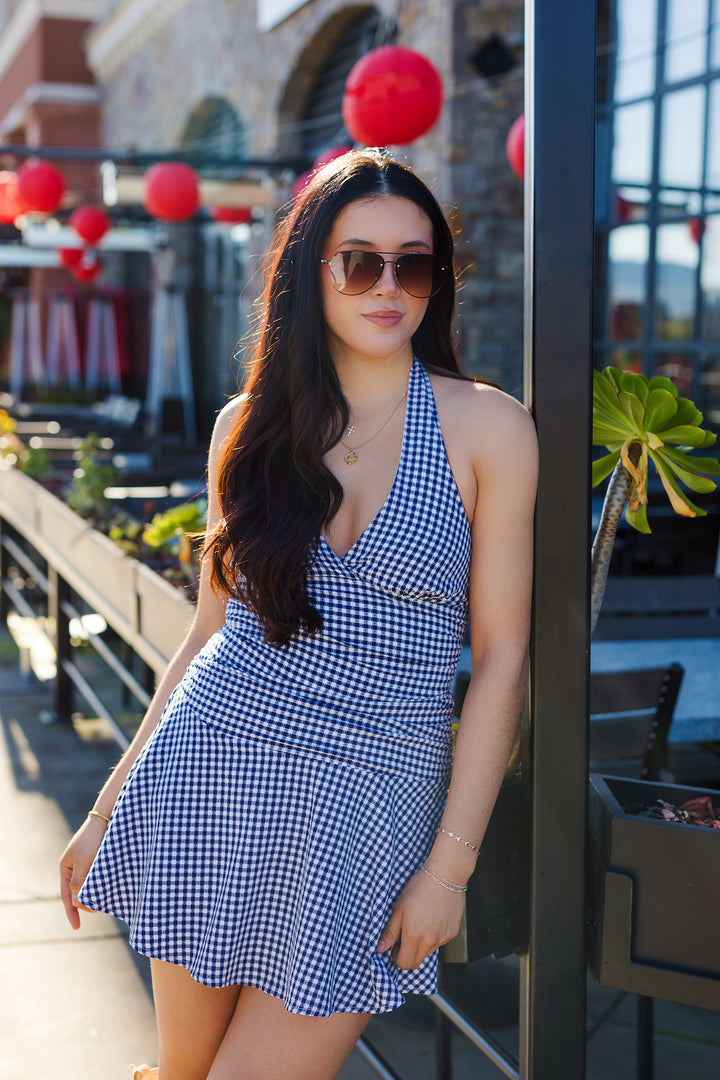 navy gingham mini dress Guizio Anica Gingham Mini Dress Blue / XS
