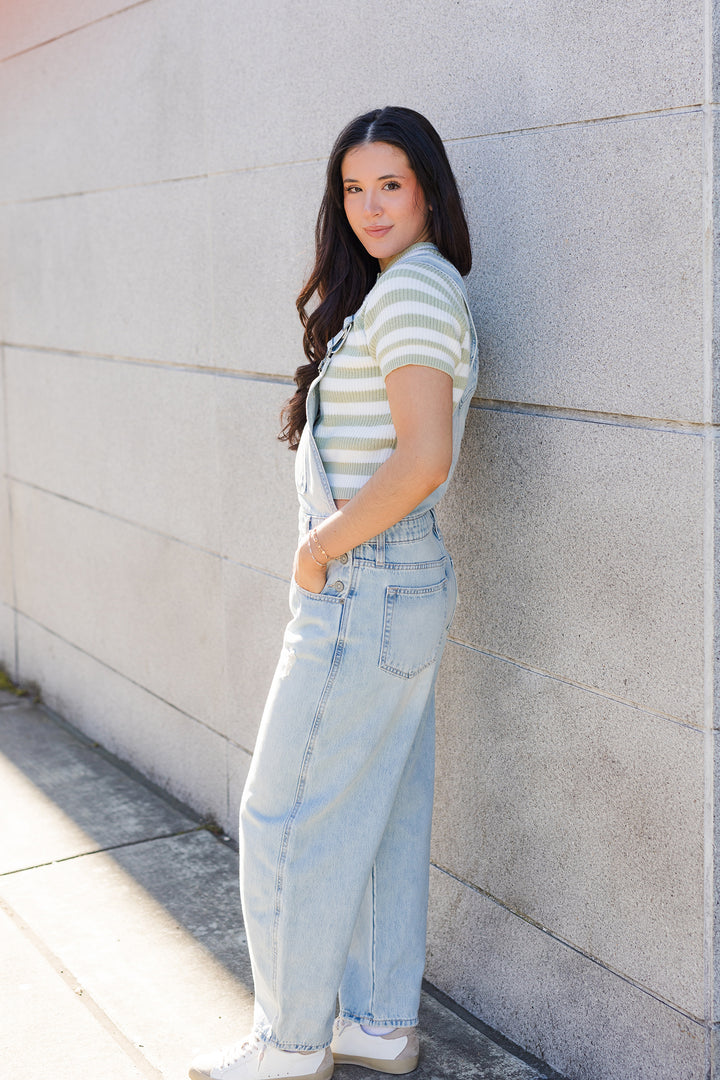 The Lexie Light Wash Classic Barrel Cropped Overall by Hidden Jeans