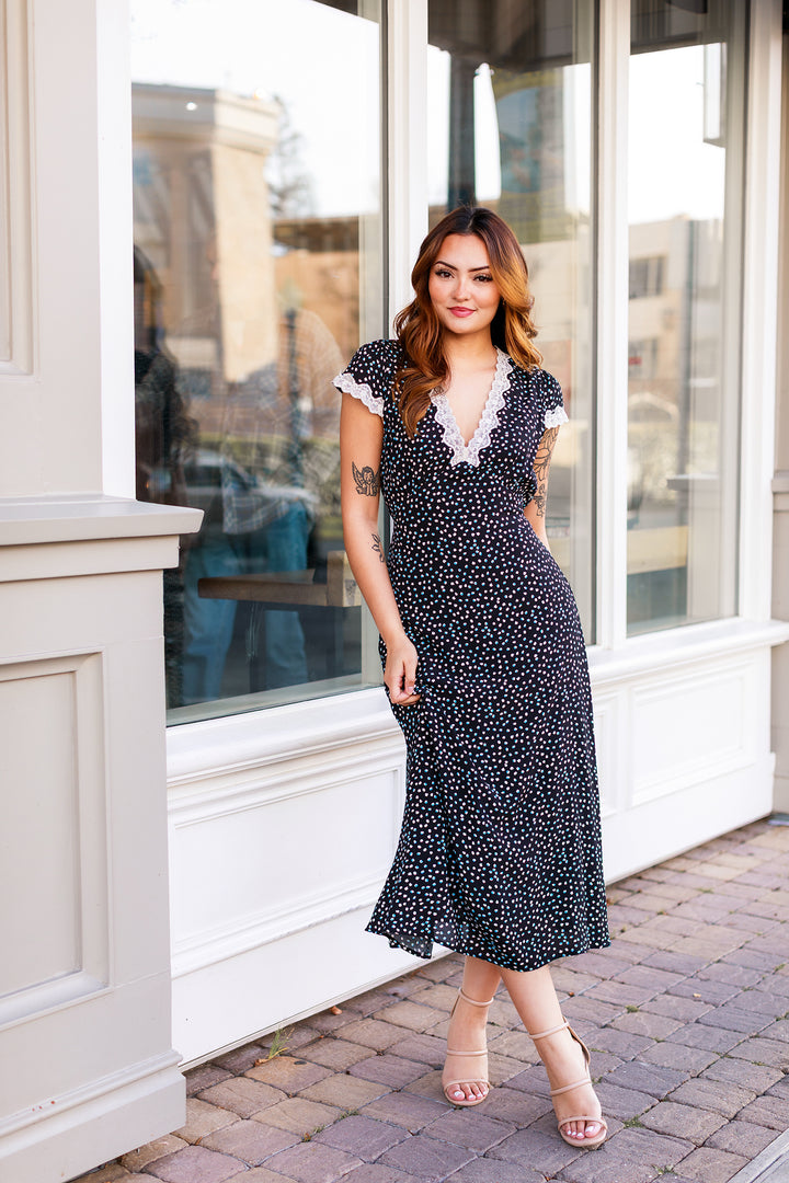 The Midnight Romance Polka Dot Print Midi Dress