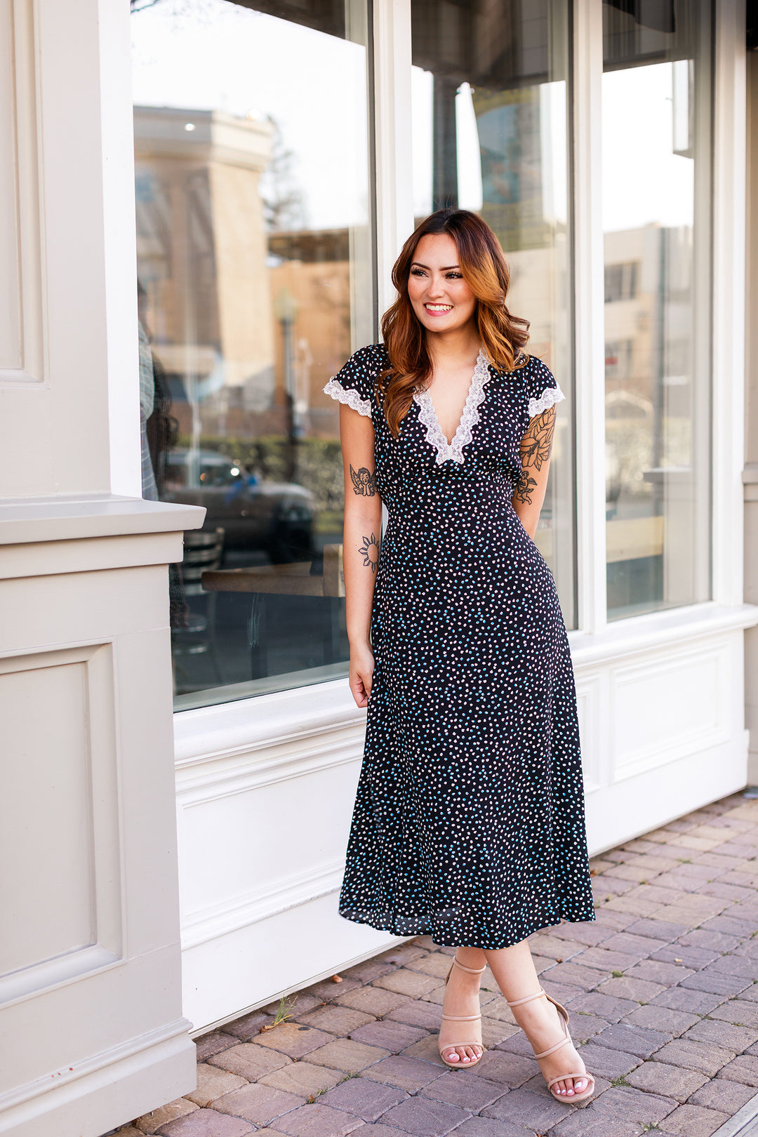 The Midnight Romance Polka Dot Print Midi Dress