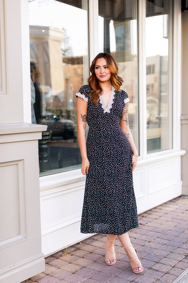 The Midnight Romance Polka Dot Print Midi Dress