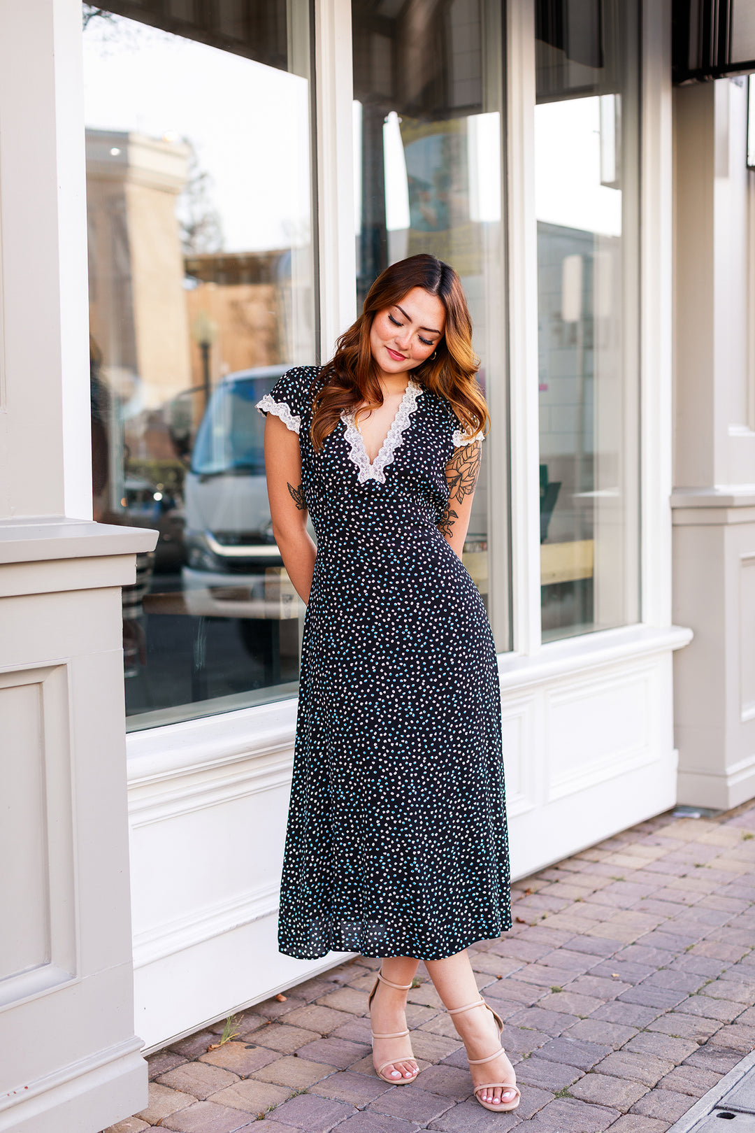 The Midnight Romance Polka Dot Print Midi Dress