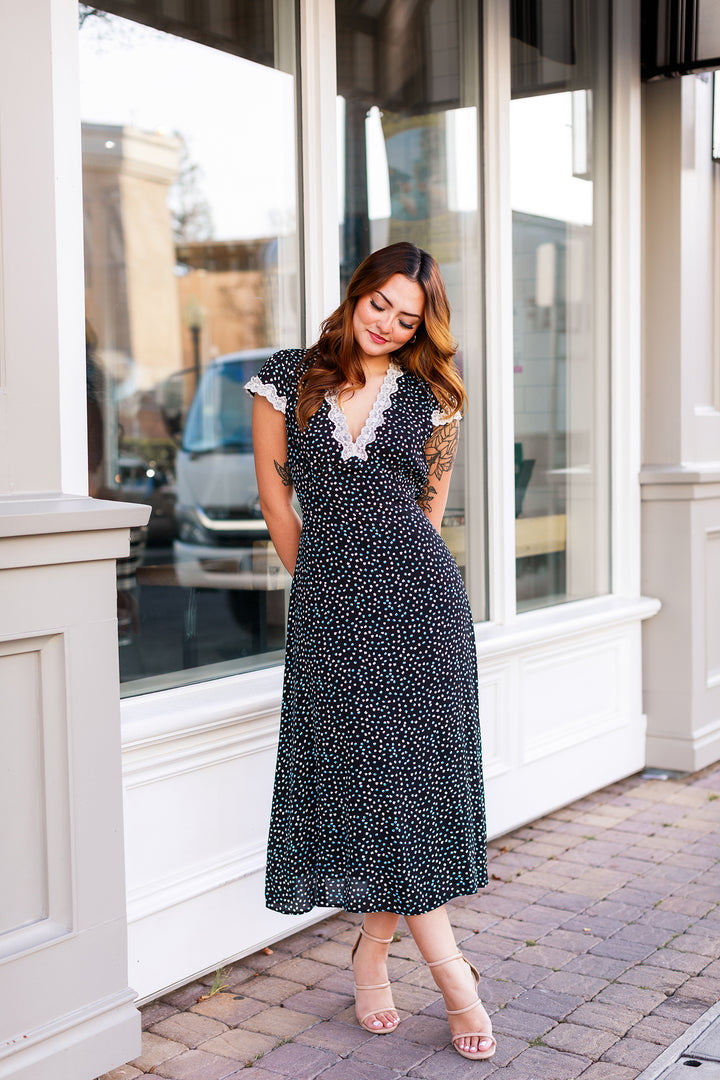 The Midnight Romance Polka Dot Print Midi Dress