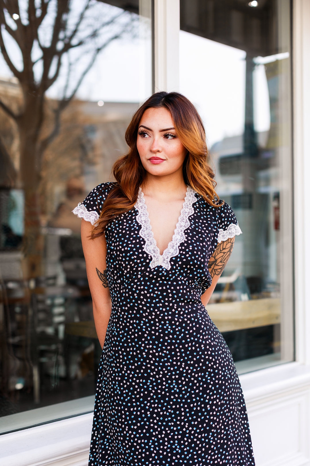 The Midnight Romance Polka Dot Print Midi Dress