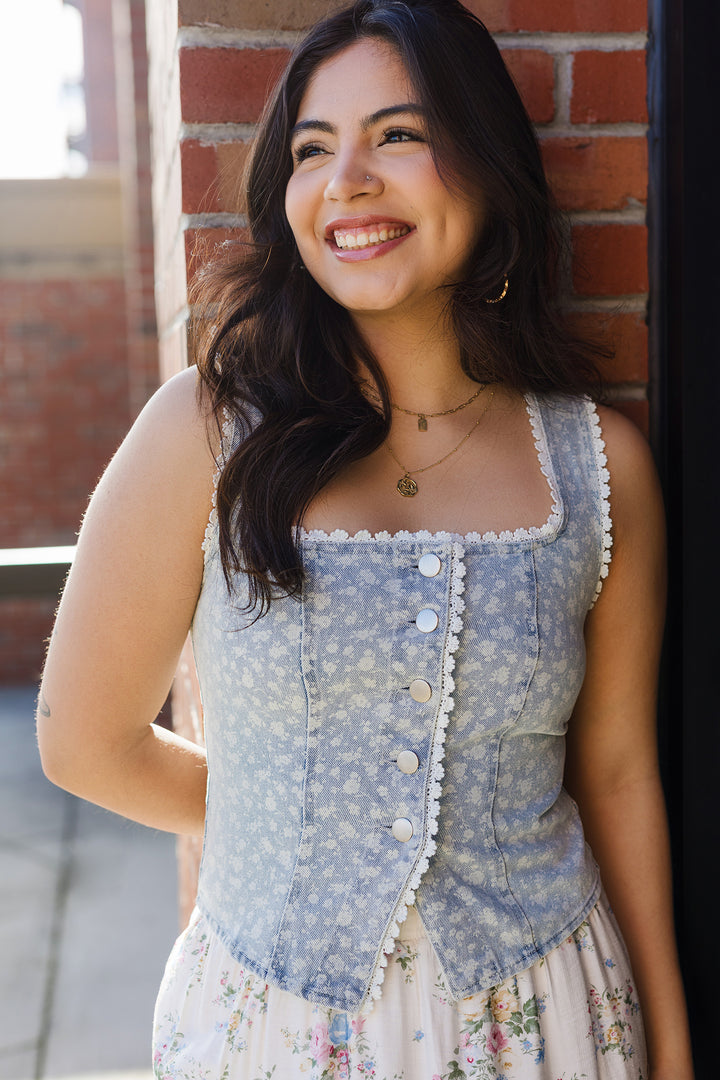 The Denim Blossom Lace Trim Vest