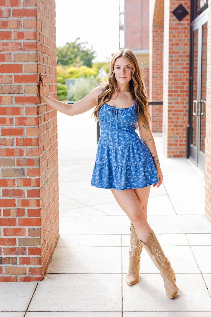 The Sweet Caroline Floral Dark Denim Mini Dress