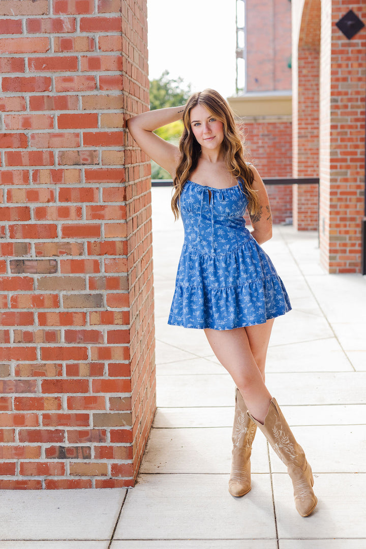 The Sweet Caroline Floral Dark Denim Mini Dress